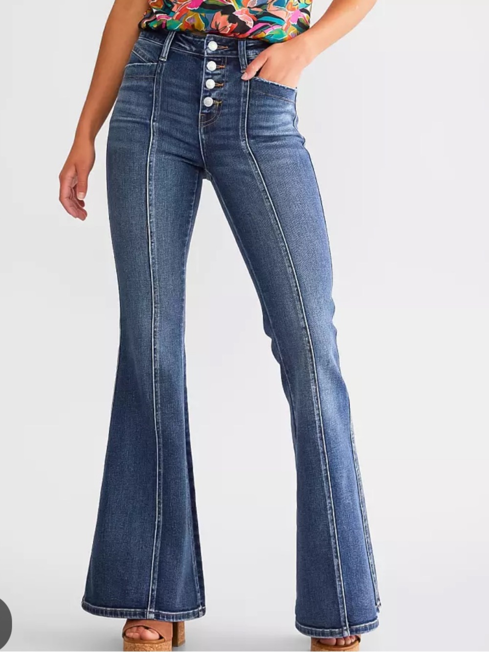 Flying Monkey High-Rise Seamed Flare Jeans - Dark Blue